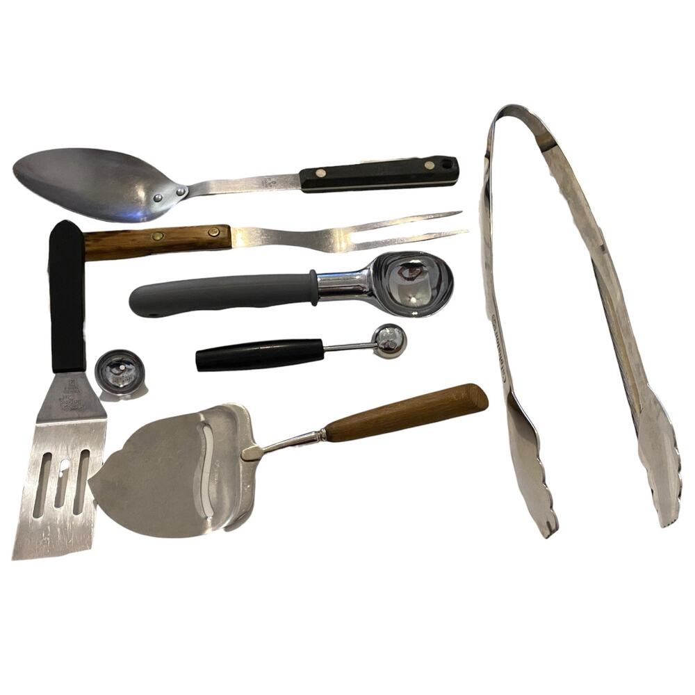 Vintage Lot of 7 Mixed Kitchen Cooking Utensils Tongs Spatula Ice Cream Scooper